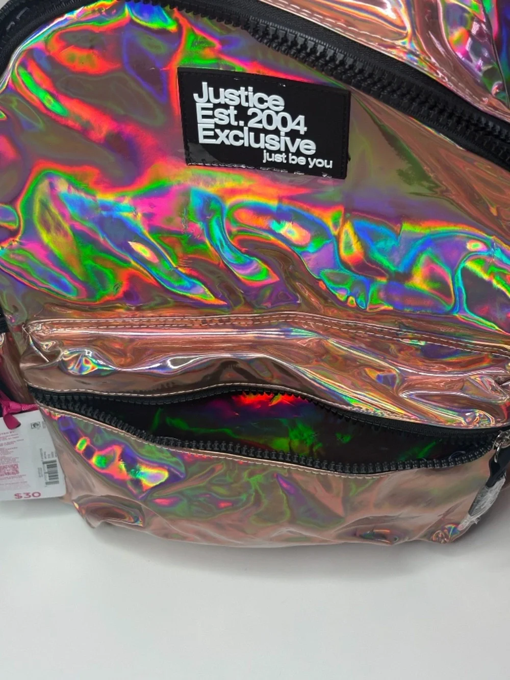 Justice Girls Holographic Iridescent Backpack Rose Gold Pom Pom NWT